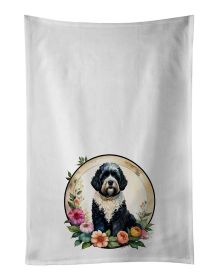 Portuguese Water Dog and Flowers Kitchen Towel Set of 2 White Dish Towels Decorative Bathroom Hand towel for Hand, Face, Hair, Yoga, Tea, Dishcloth