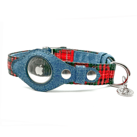 Apple Airtag Collar (Color: Red Plaid & Denim, size: XS)